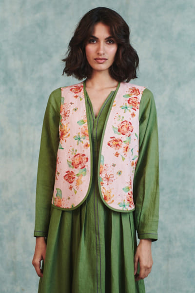 Saphed Pink floral print embroidered waistcoat SAPHAUG26D152236