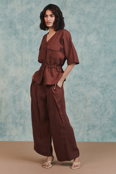 Saphed Chocolate brown pleated linen pants SAPHAUG26D152231