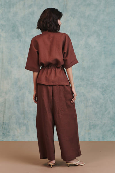 Saphed Chocolate brown pleated linen pants SAPHAUG26D152231