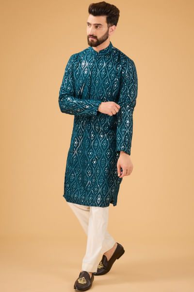 Blue ogee mirror embellished kurta