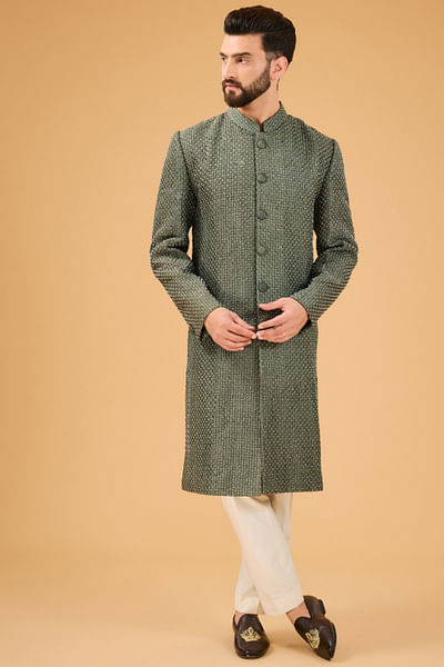 Green cutdana work sherwani