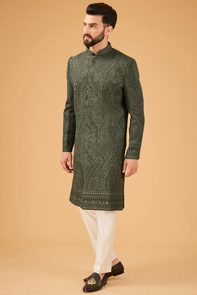 Green Kashmiri and jamawar embroidery sherwani