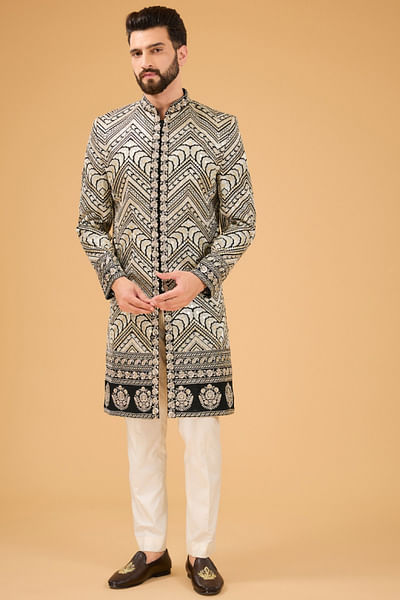 Black chevron zari embroidered sherwani
