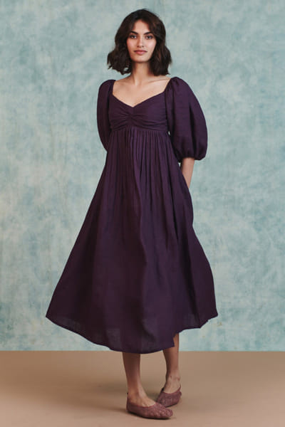 Saphed Plum front-twist linen dress SAPHAUG26D152221