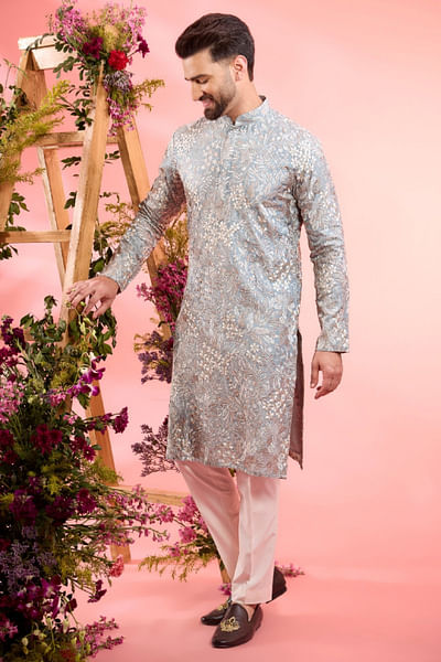 Blue floral thread embroidered kurta