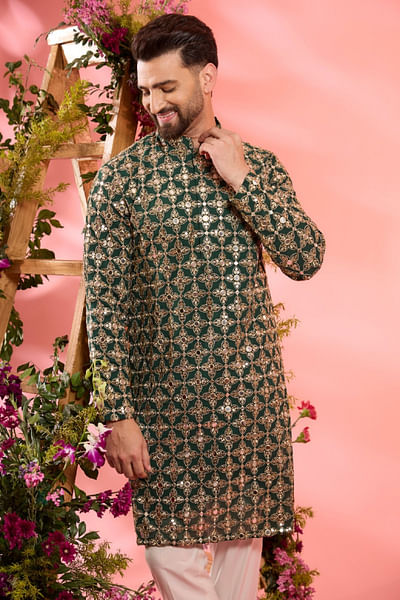 Bottle green zari and mirror embroidered kurta