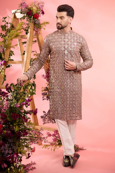 Plum purple zari and mirror embroidered kurta