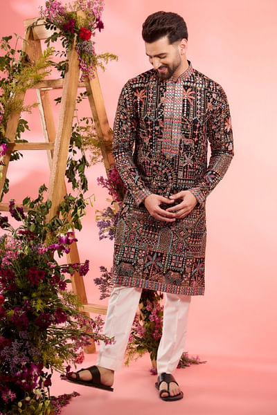 Black thread and mirror embroidered kurta