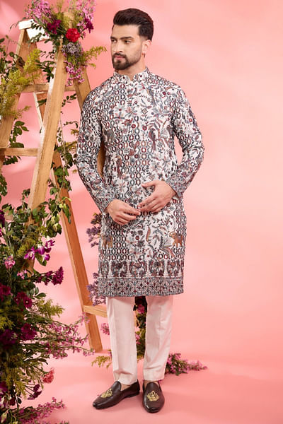 White flora fauna thread embroidered kurta