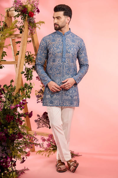 Blue thread embroidered short kurta