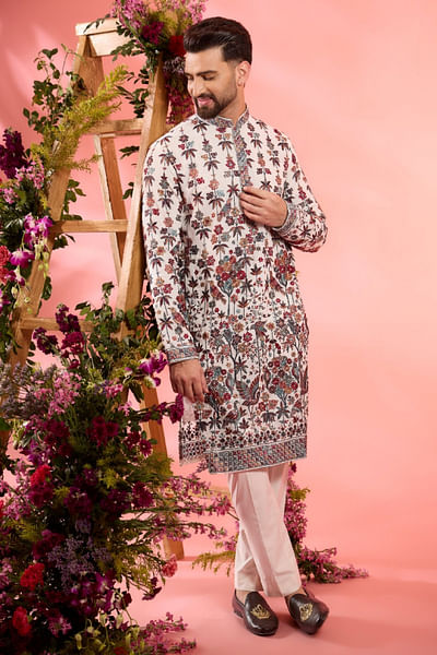 White flora fauna thread embroidery kurta