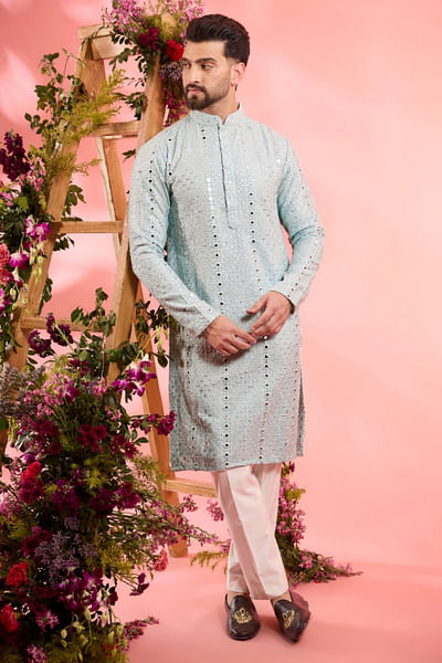 Powder blue mirror embroidered kurta
