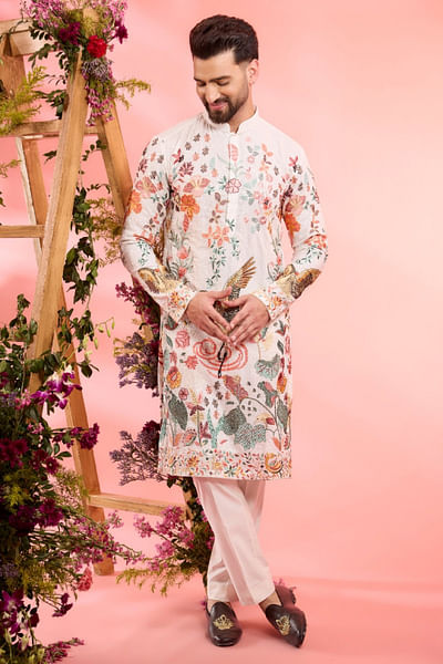 White flora fauna embroidered kurta
