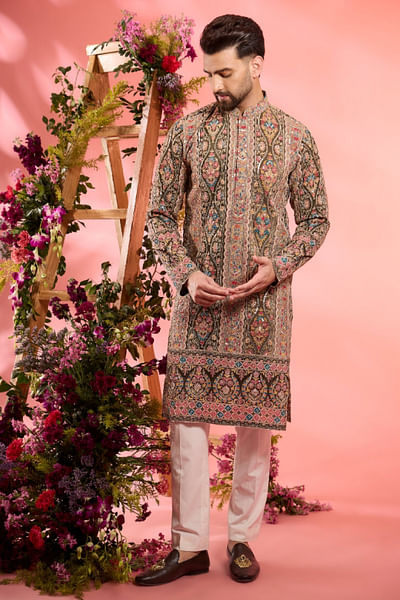 Green floral sequin and zari embroidery kurta