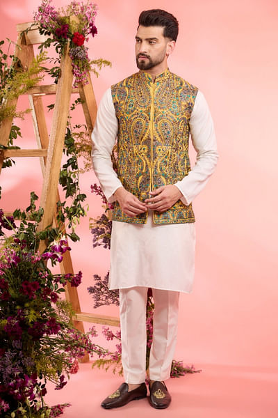 Yellow Kashmiri embroidered Nehru jacket