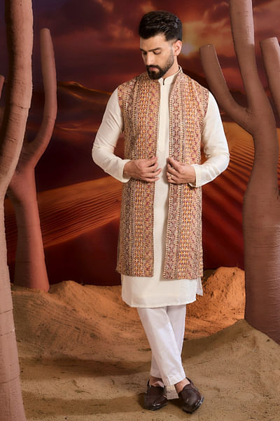 Multicolour zari embroidered long Nehru jacket