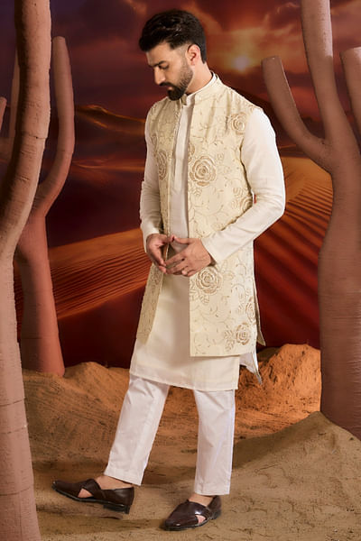 Gold floral embroidered long Nehru jacket