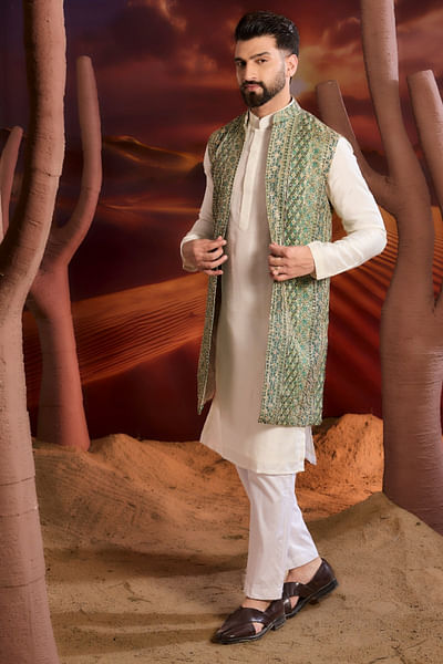 Bottle green zari embroidery long Nehru jacket