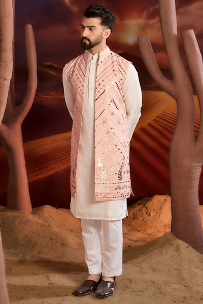 Light pink leather patchwork long open jacket