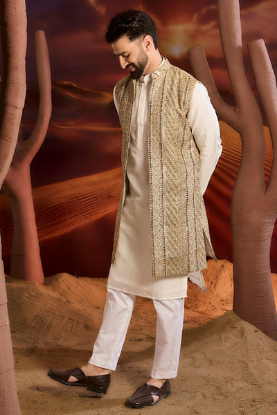 Sage green zari embroidered long Nehru jacket