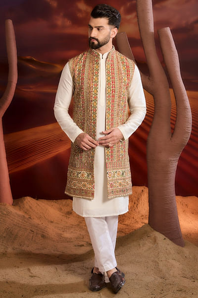 Multicolour zari embroidered long Nehru jacket