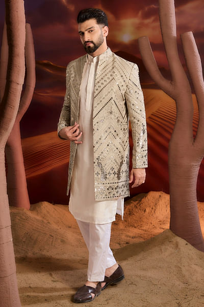 Beige leather patchwork Indo-Western sherwani