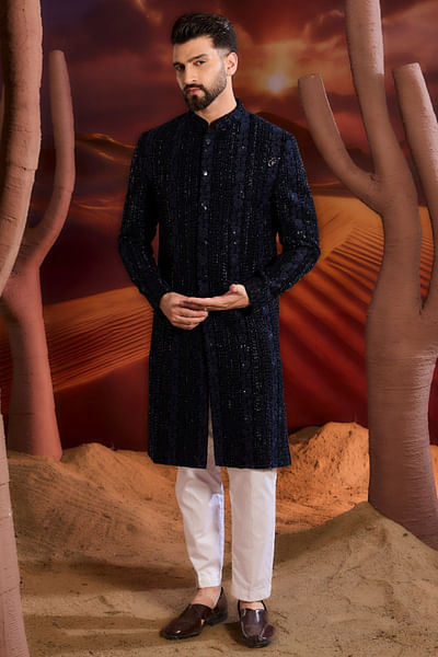 Navy blue cutdana embellished sherwani