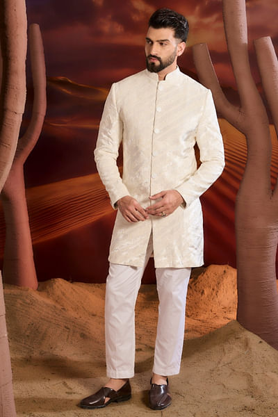 White dori embroidered Indo-Western sherwani