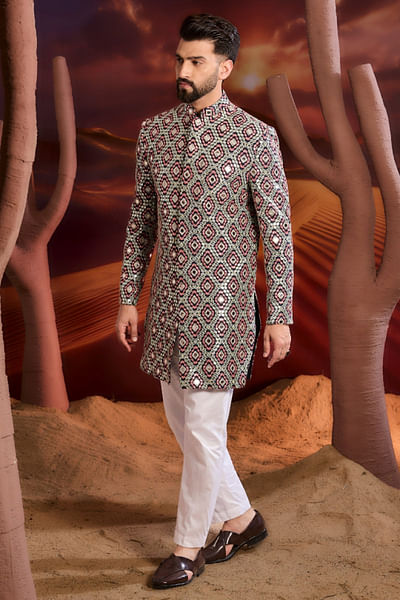 Blue mirror embroidered Indo-Western sherwani