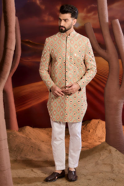 Cream mirror embellished Indo-Western sherwani