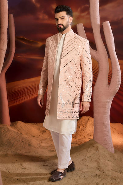 Pink leather patchwork Indo-Western sherwani