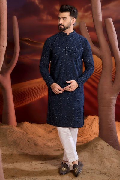 Navy blue geometric sequin chikankari kurta