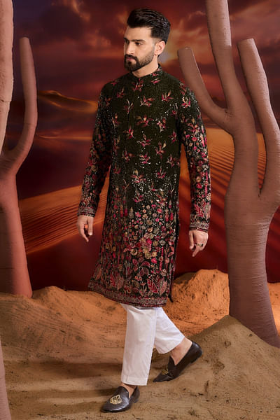 Mehendi green floral-sequin embroidered kurta
