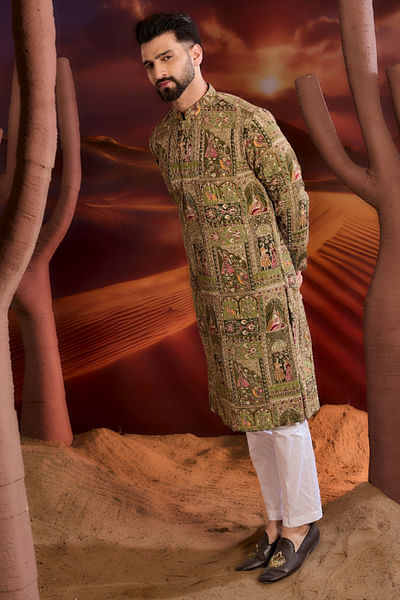 Green Mughal zari and sequin embroidered kurta