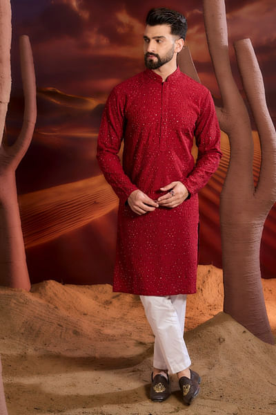 Red geometric sequin embroidered kurta