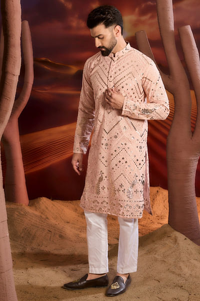 Pink flora-fauna leather patchwork kurta