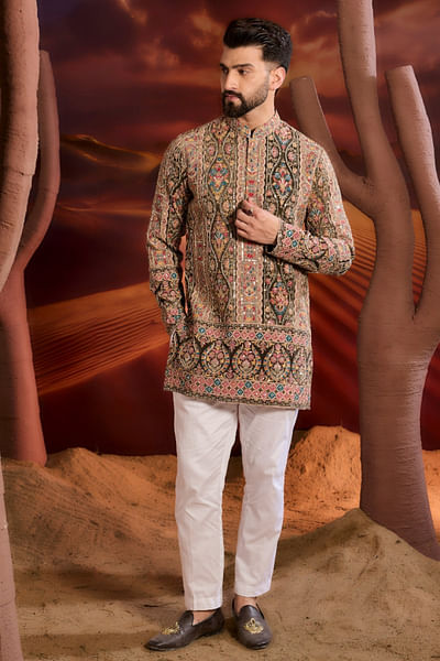 Mehendi green floral zari and chikankari kurta