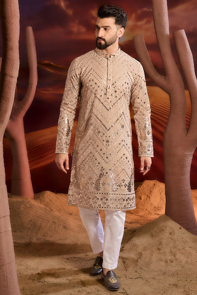 Beige flora-fauna leather patchwork kurta