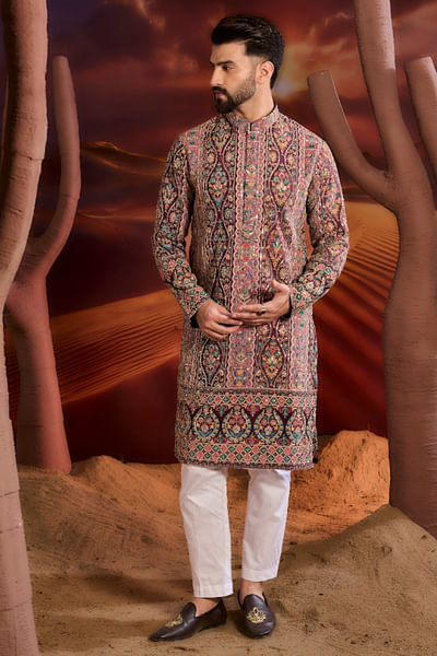 Purple floral zari-thread embroidered kurta