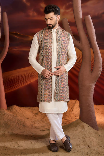 Multicolour zari embroidered long Nehru jacket