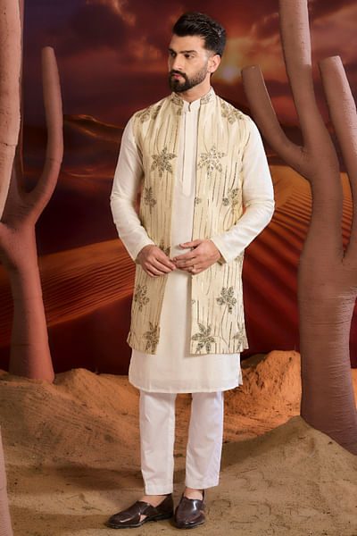 Gold floral embroidered long Nehru jacket