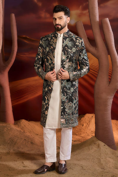 Black flora-fauna leather patchwork sherwani