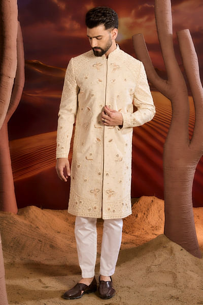 Beige floral hand embroidered sherwani