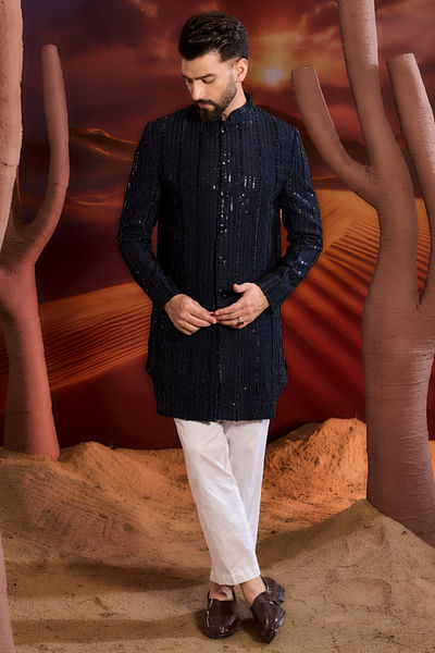 Navy blue embellished Indo-Western sherwani