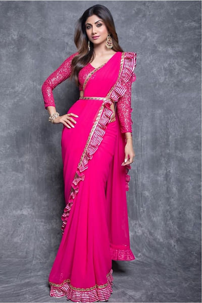 Peacock pink frill sari