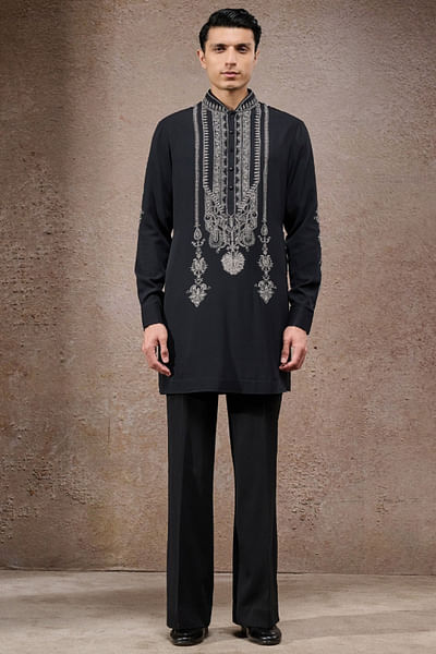 Black thread and pearl embroidered kurta set