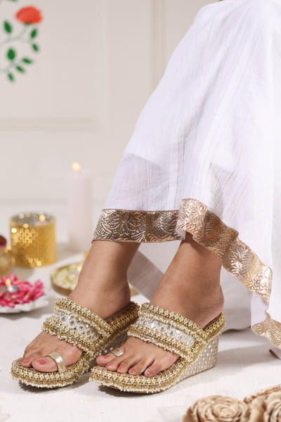 5 Elements by Radhika Gupta Gold embellished strap wedges 5ELEJUN26D147434