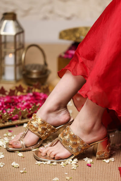 5 Elements by Radhika Gupta Gold hand embellished kolhapuri heels 5ELEJUN26D147435