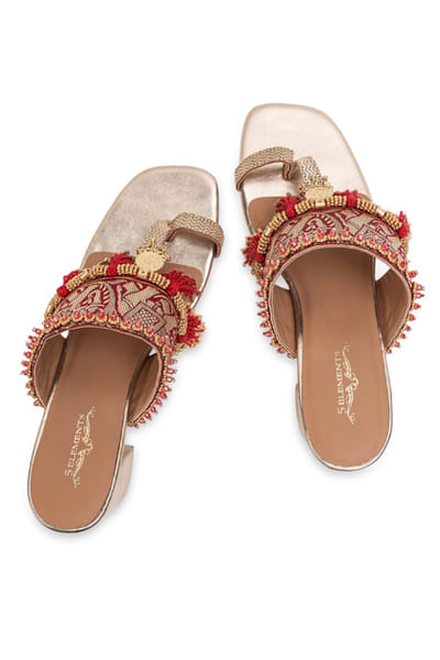 5 Elements by Radhika Gupta Red-gold embroidered tassel kolhapuri heels 5ELEJUN26D147441