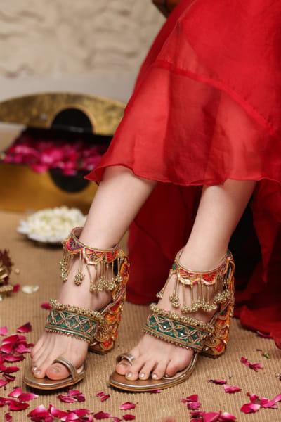 5 Elements by Radhika Gupta Multicolour embellished scalloped block heels 5ELEJUN26D147442